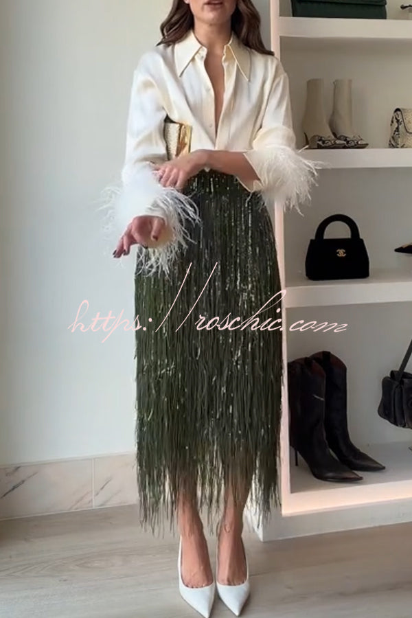 Party Crasher Layered Sequined Tassels High Rise Back Zipper Midi Skirt (Shipped Within 24 Hours)