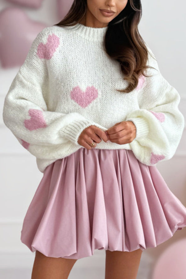 Fashionable Loose-fitting Heart-shaped Jacquard Long-sleeved Knit Sweater