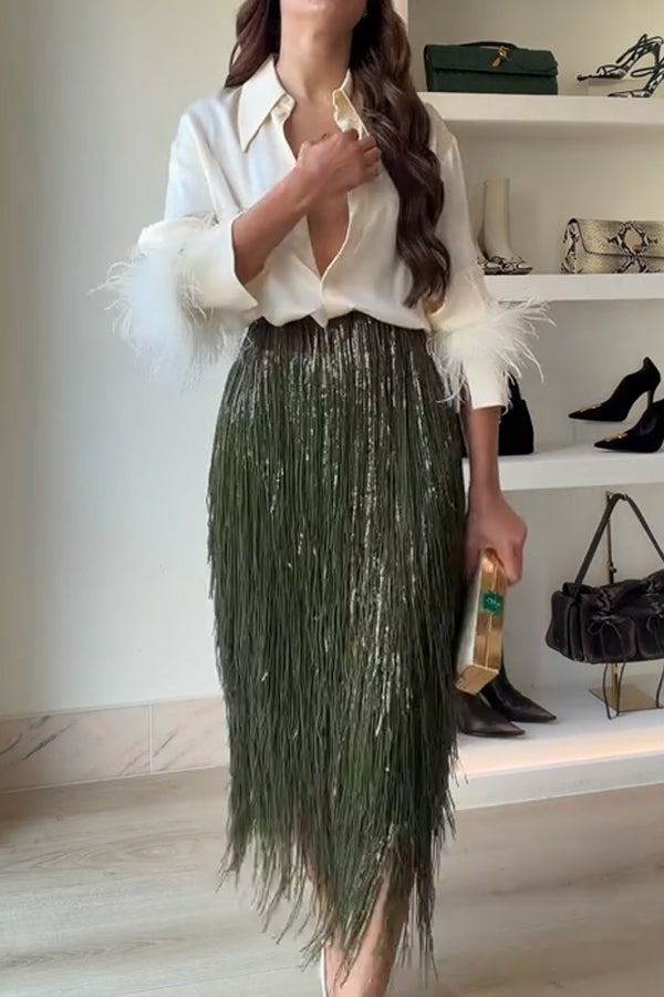 Party Crasher Layered Sequined Tassels High Rise Back Zipper Midi Skirt (Shipped Within 24 Hours)