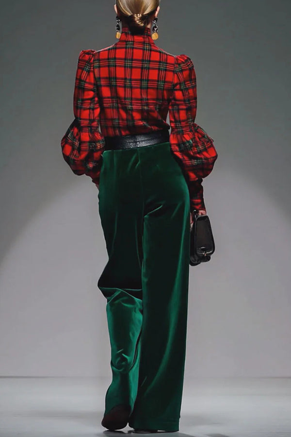 Retro Plaid Turtleneck Long Balloon Sleeve Top and Velvet Pocket Wide Leg Pants Set