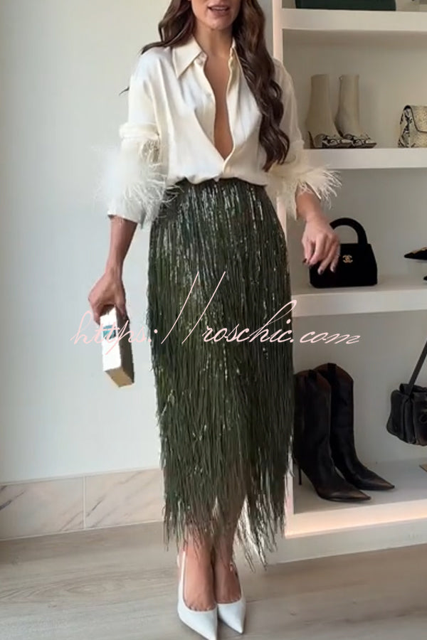 Party Crasher Layered Sequined Tassels High Rise Back Zipper Midi Skirt (Shipped Within 24 Hours)