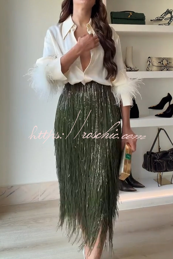 Party Crasher Layered Sequined Tassels High Rise Back Zipper Midi Skirt (Shipped Within 24 Hours)