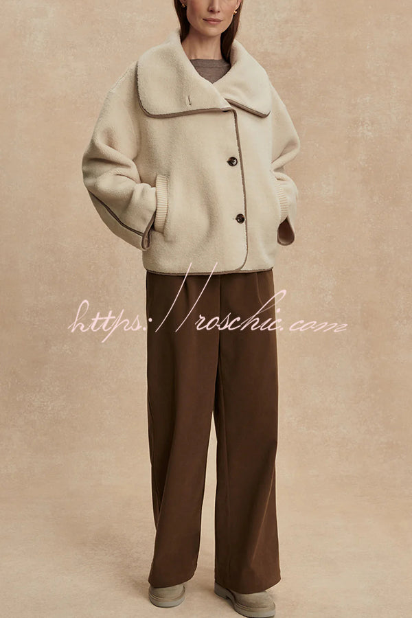 Romane Faux Fleece Fabric Contrast Trim Long Sleeve Knitted Pocket Lapel Loose Jacket