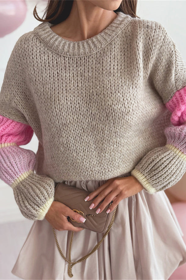 Stylish Loose-fitting Color-blocked Long-sleeved Knit Sweater