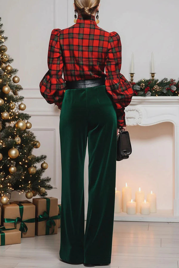 Retro Plaid Turtleneck Long Balloon Sleeve Top and Velvet Pocket Wide Leg Pants Set