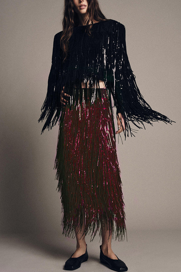 Party Crasher Layered Sequined Tassels High Rise Back Zipper Midi Skirt (Shipped Within 24 Hours)