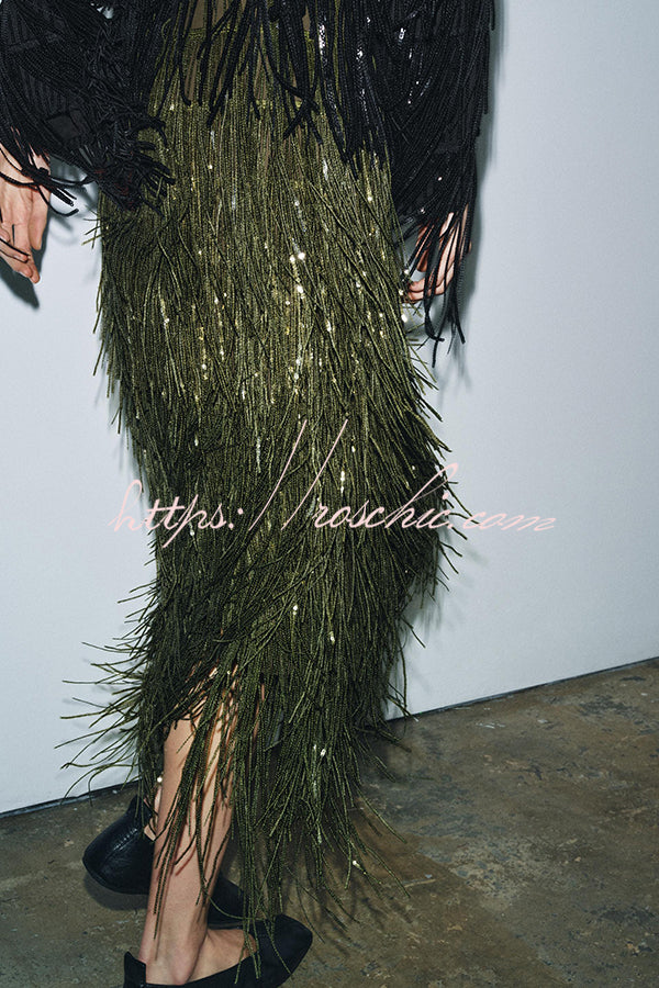 Party Crasher Layered Sequined Tassels High Rise Back Zipper Midi Skirt (Shipped Within 24 Hours)