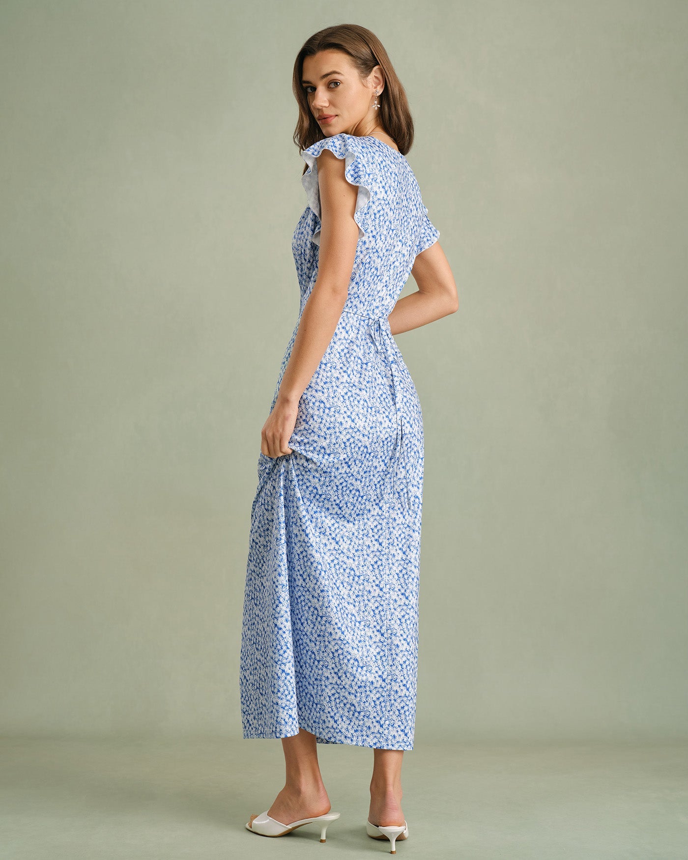 Blue V Neck Tie Floral Maxi Dress