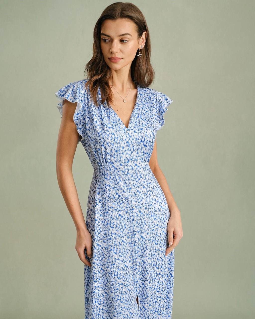 Blue V Neck Tie Floral Maxi Dress