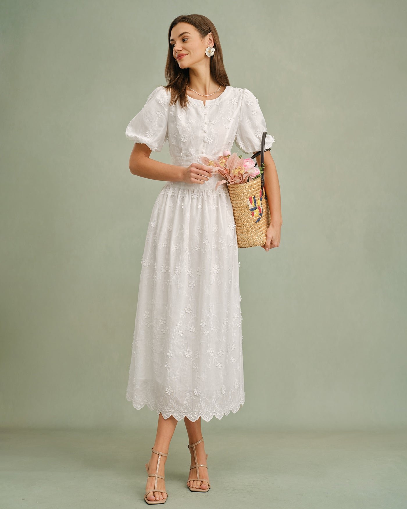 White Round Neck Floral Midi Dress