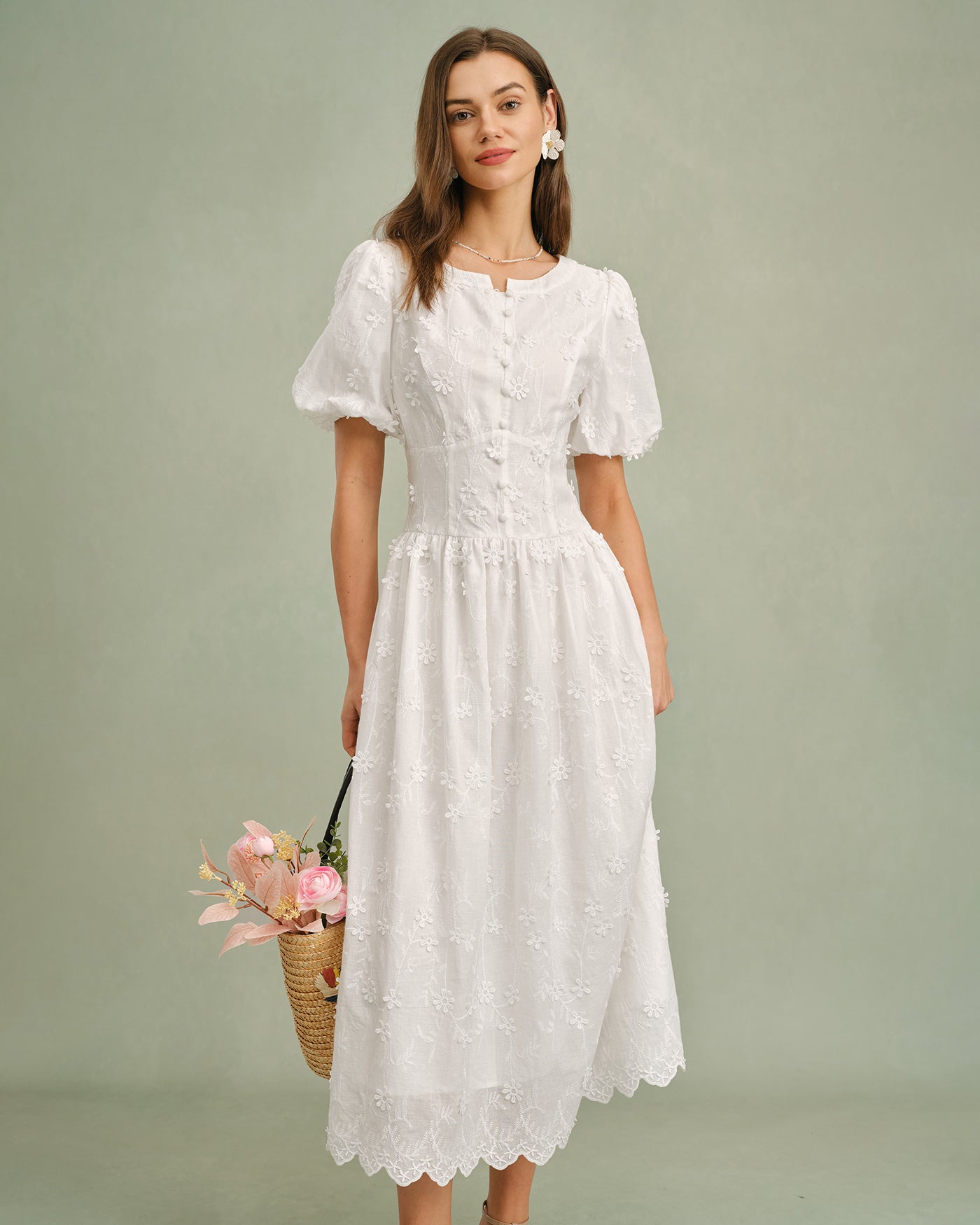 White Round Neck Floral Midi Dress