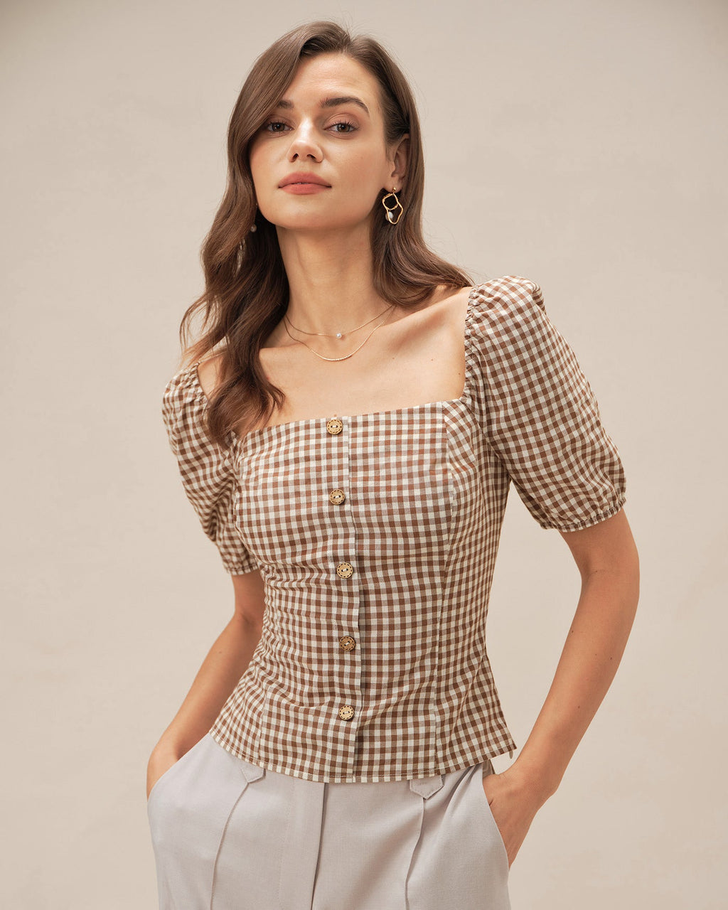 Brown Square Neck Puffed Sleeve Plaid Blouse