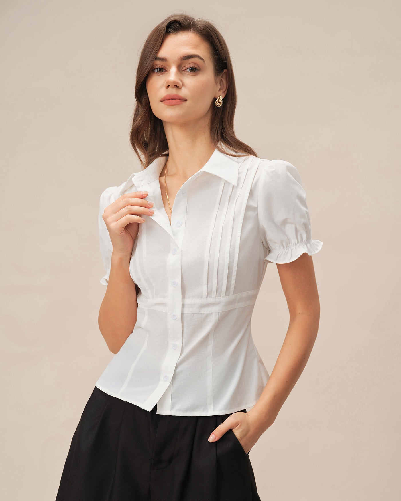 White Puffed Sleeve Collar Blouse