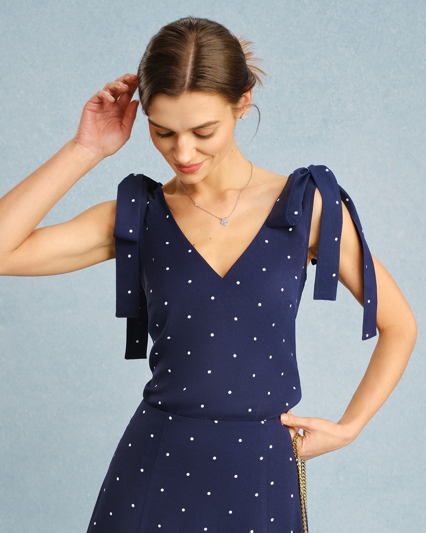 Navy V Neck Polka Dot Cami Top