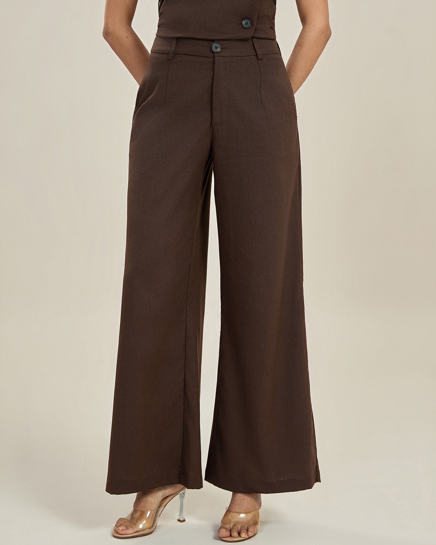 Coffee Button Pocket Casual Pants