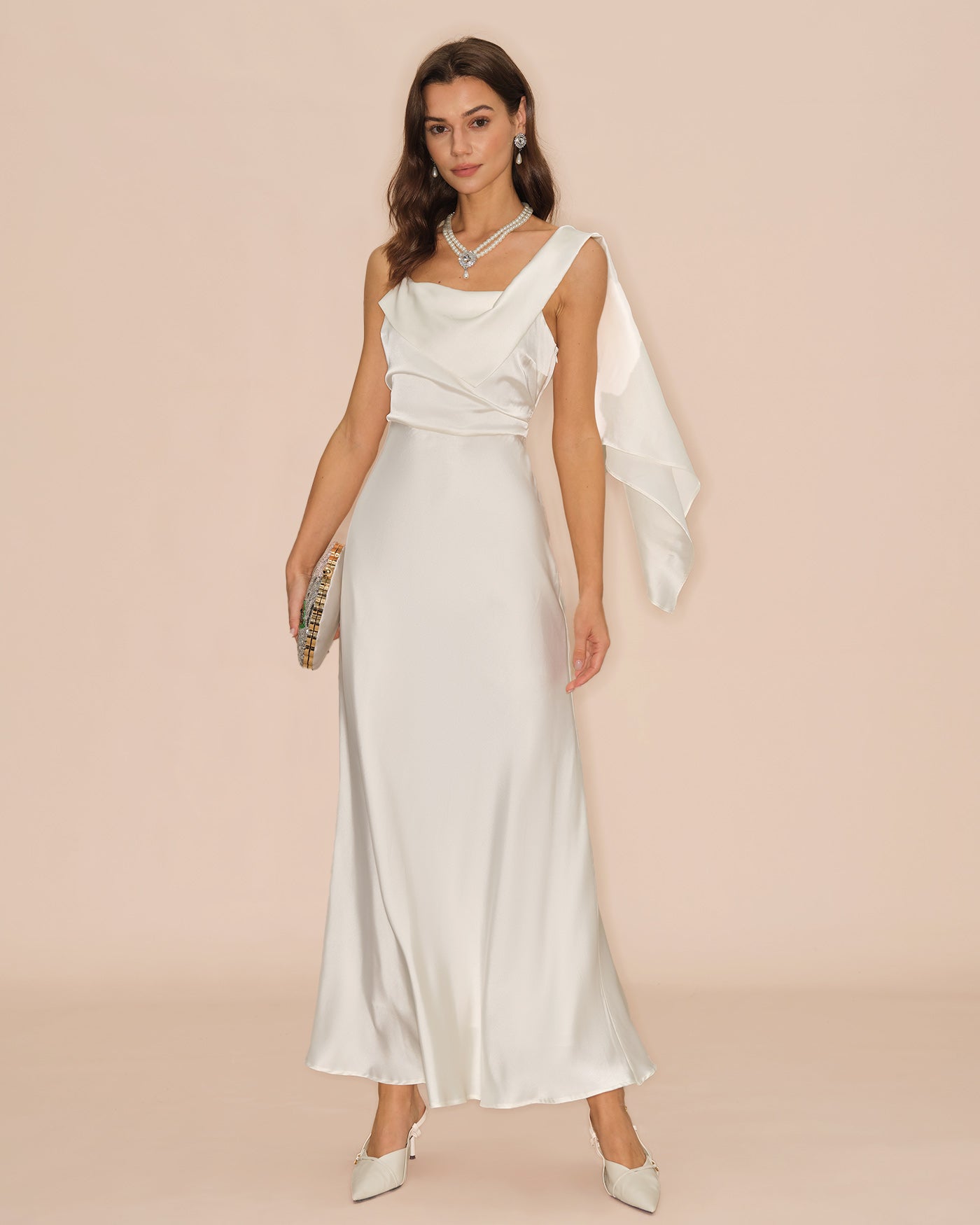Off White Square Neck Satin Maxi Dress