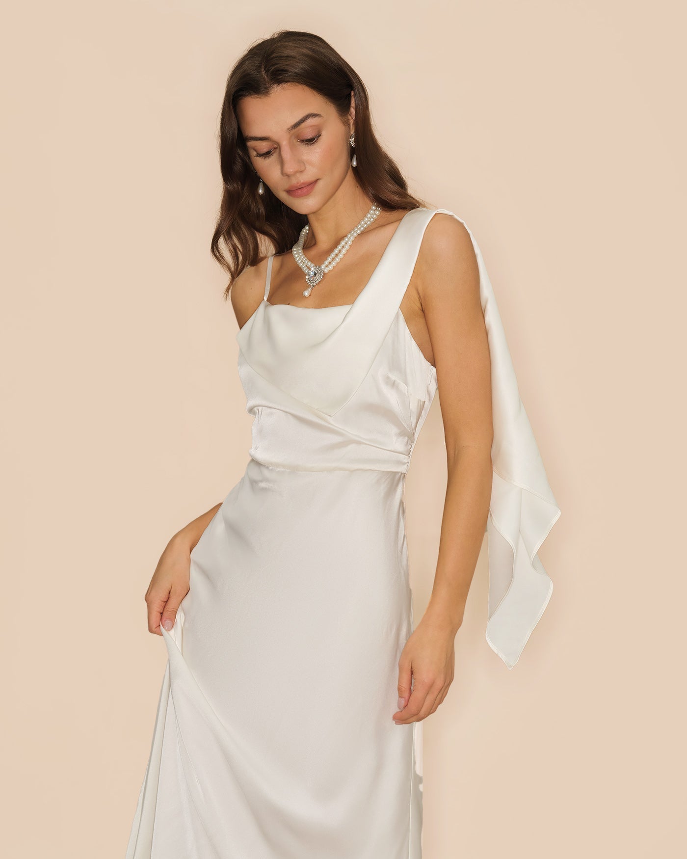 Off White Square Neck Satin Maxi Dress