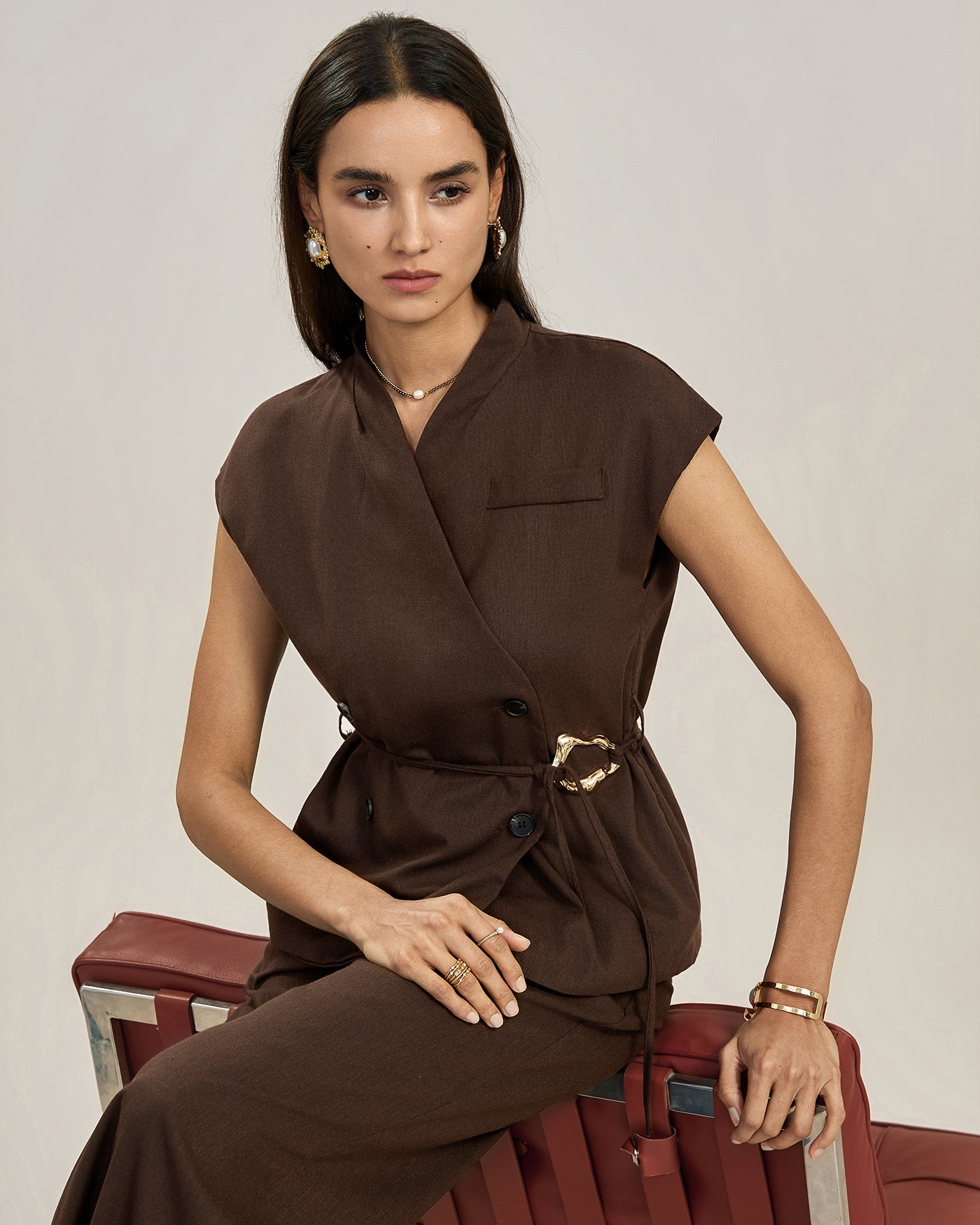 Coffee Button Belt Vest