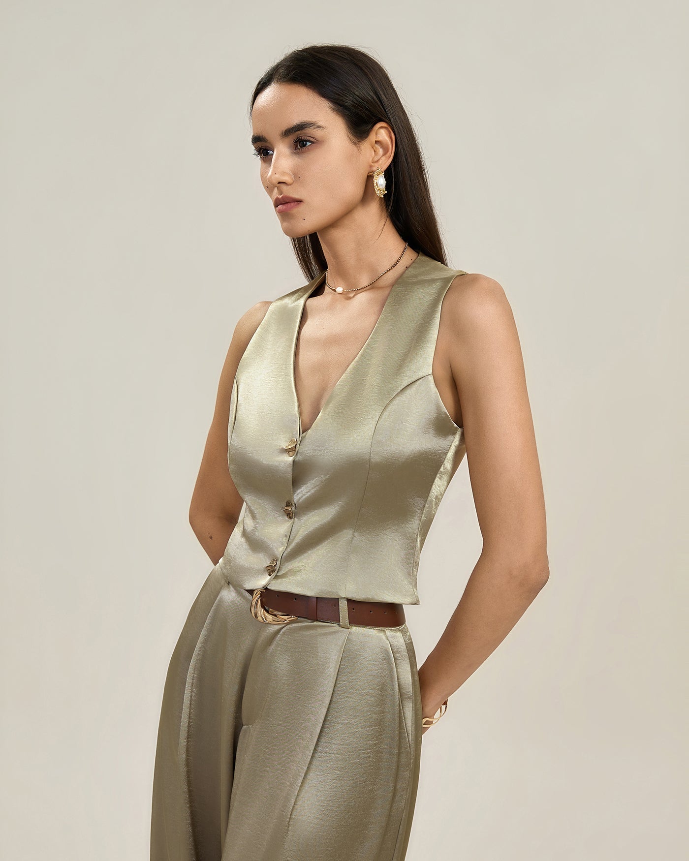 Apricot V Neck Button Vest