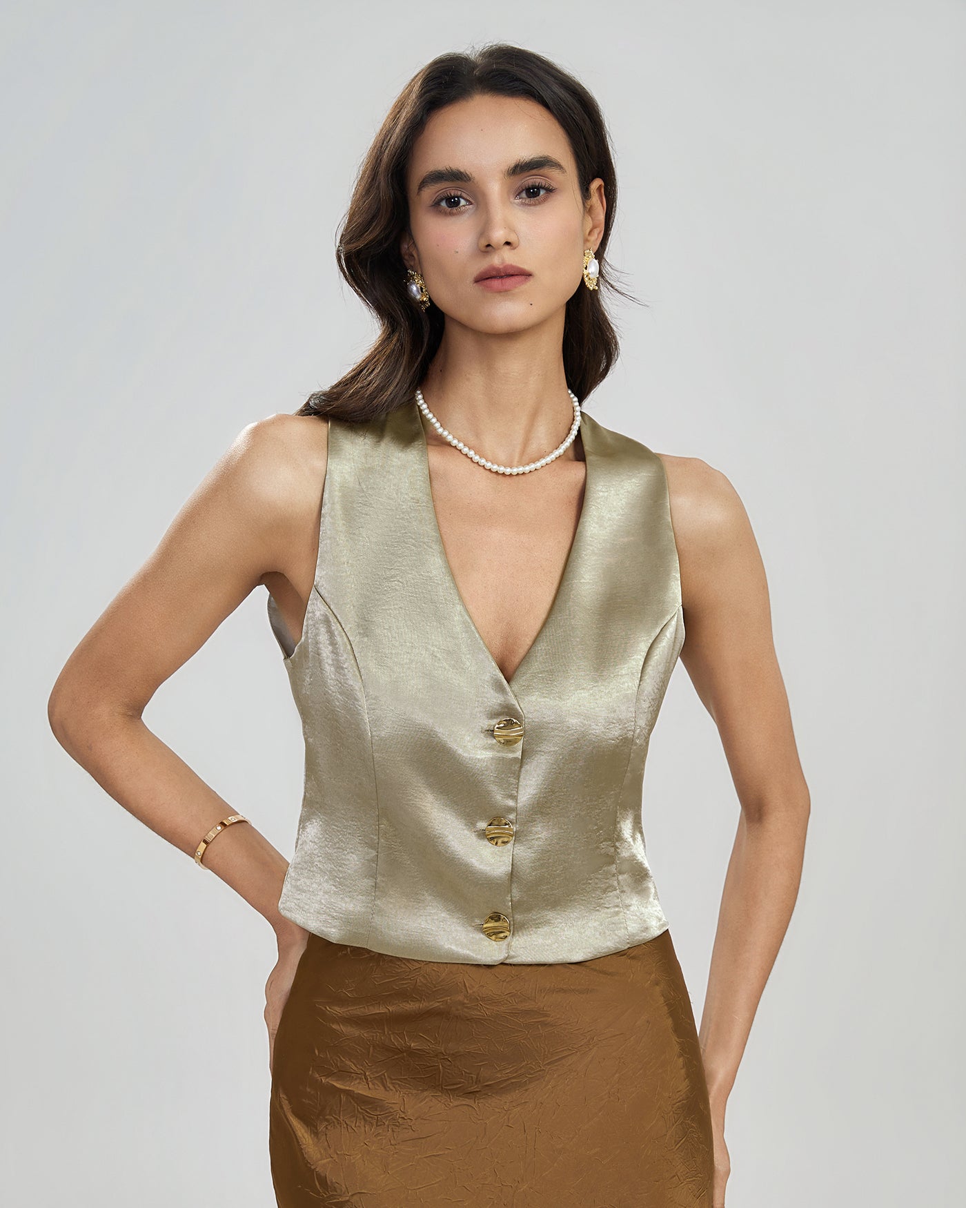 Apricot V Neck Button Vest