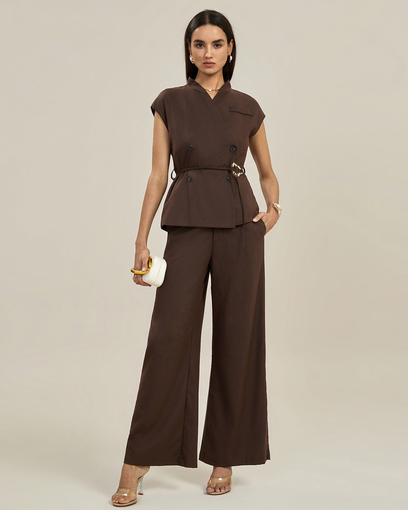 Coffee Button Belt Vest